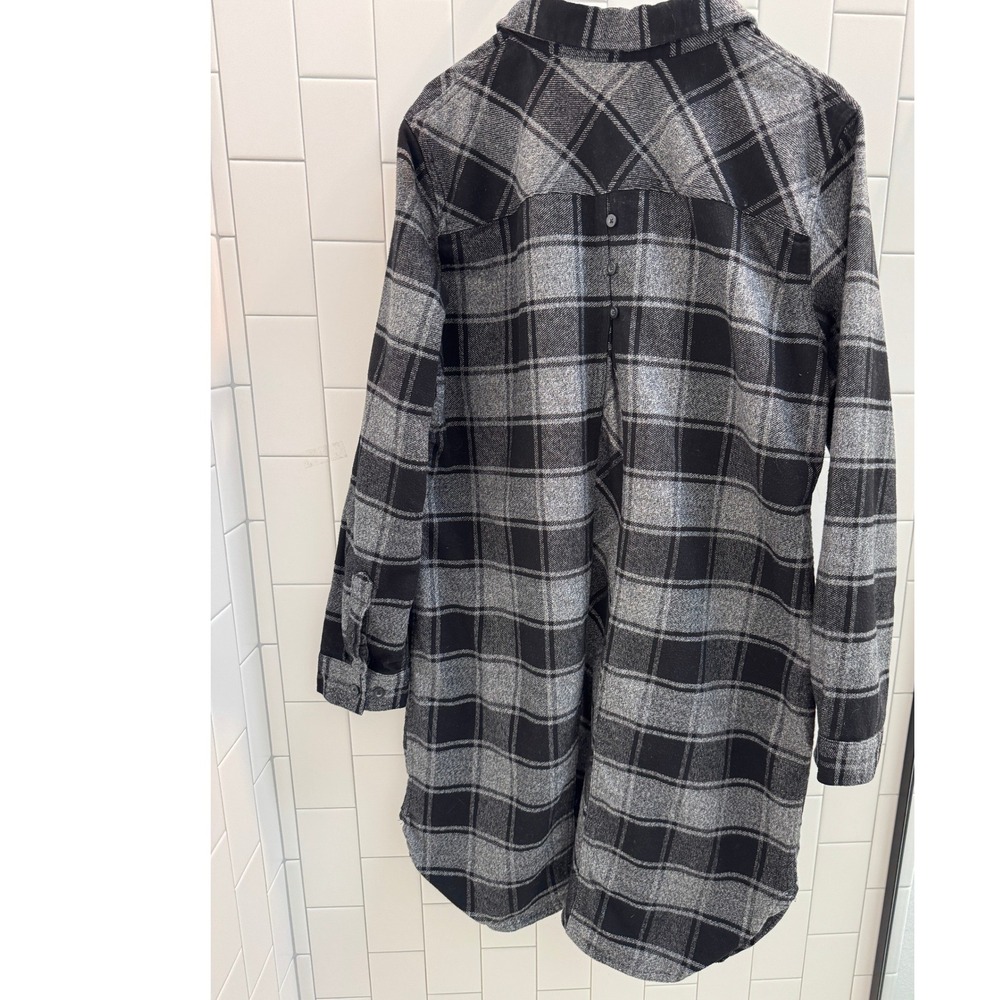 Duluth Folklore Flannel Duster Tunic Women Large Grey Plaid Long Sleeve Pocketed - Picture 2 of 11